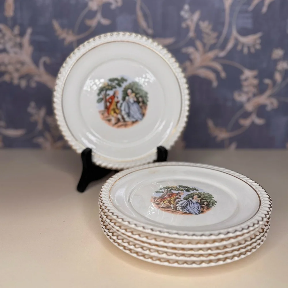 Vintage Set of 6 The Harker Pottery Co. 22 Karat Gold Rim Ceramic Plate